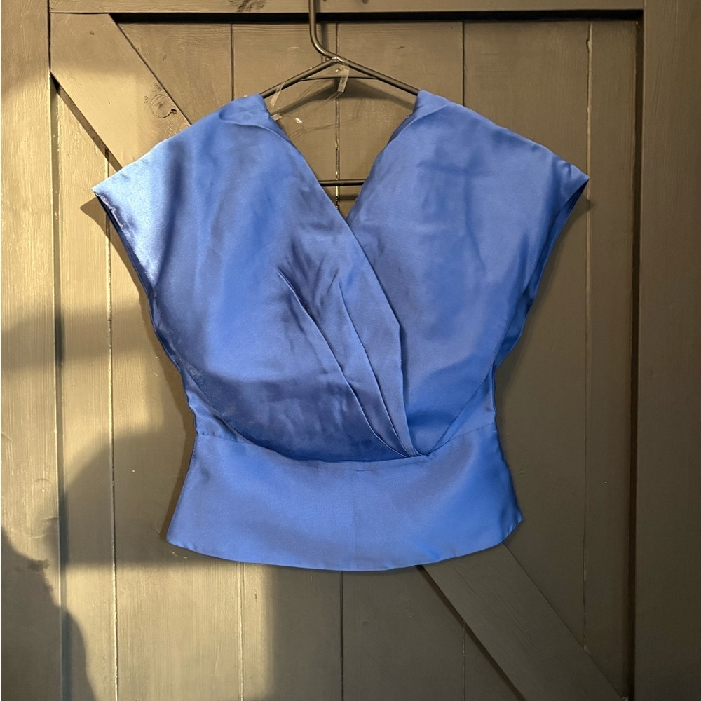 Blush Royal Blue Satin V-Neck Draped Cap Sleeve Top